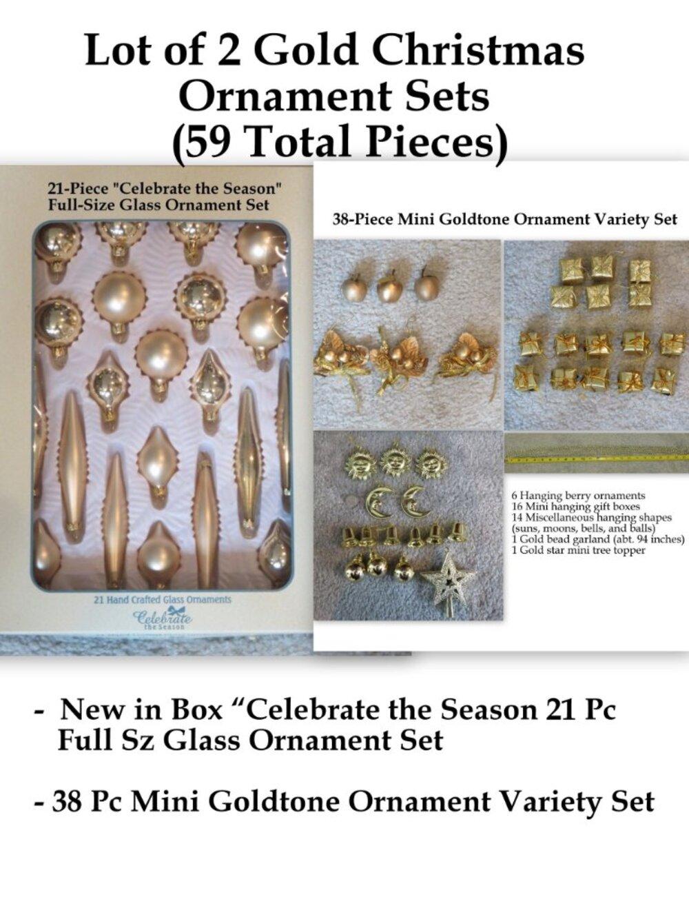59pc Gold XMAS Ornament Lot, 21 NIB Celebrate the Season Glass, 38 Mini Set